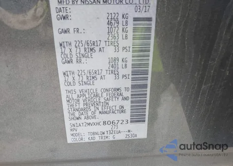 2017 Nissan Rogue Sv z USA, uszkodzony, nr VIN 5N1AT2MVXHC806723